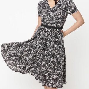 Unique Vintage Black and White Floral Maxi Dress